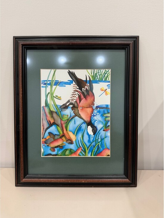 Other - Framed Watercolor Painting of a Bird Diving in Pond Scene